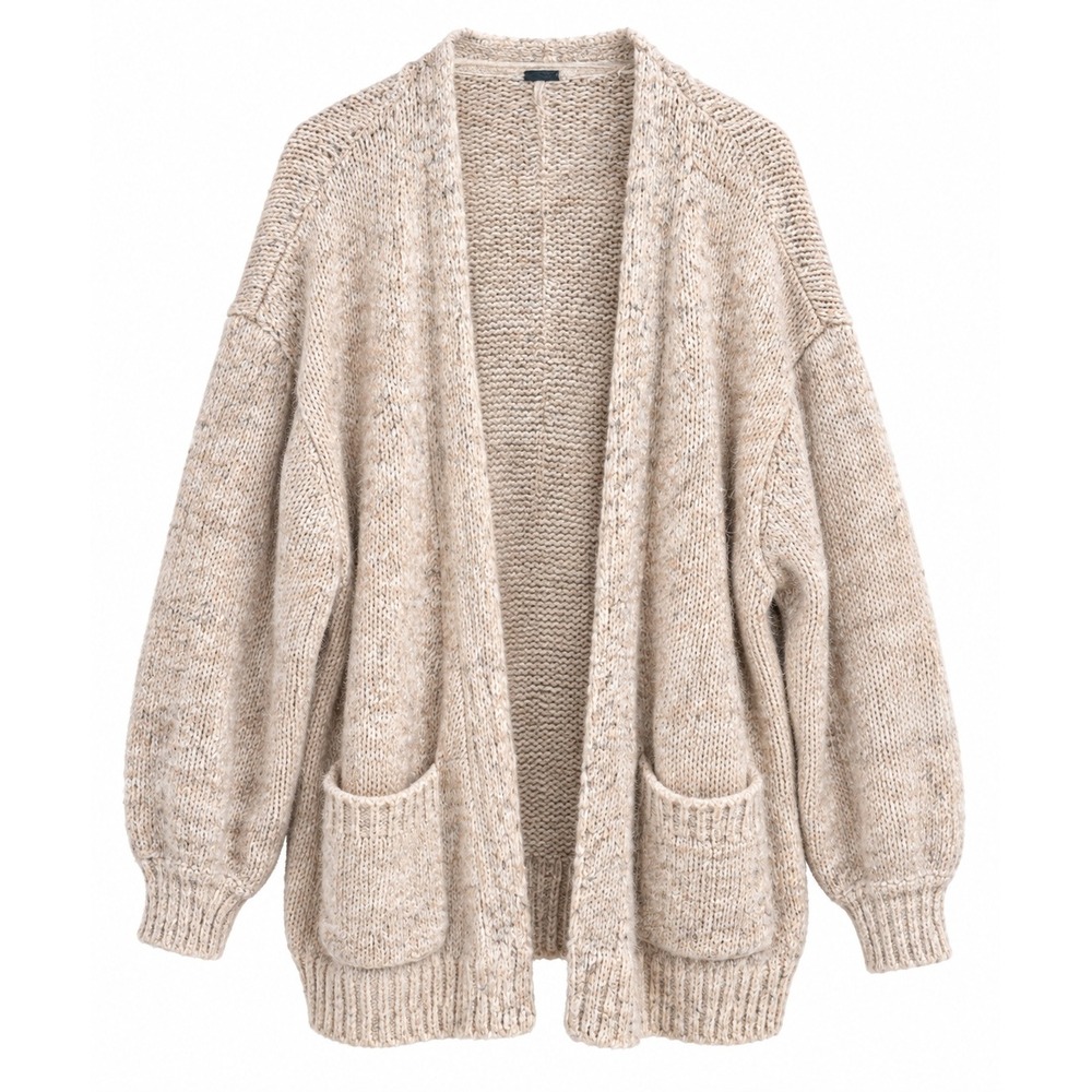 Free People Womens Cardigan M Beige Marled Oversized Open Front Knit Sweater
